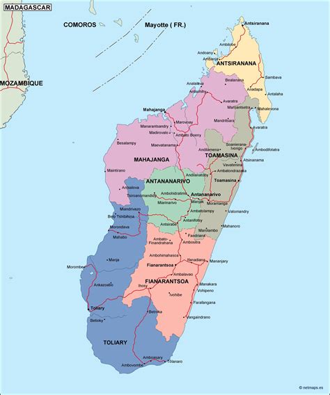 Below is an SVG map of the country of Madagascar. It has been cleaned and optimized for web use. Features include: Simplified to load quickly with minimal loss of detail (49.7 KB). License: Free for Commercial and Personal Use (attribution appreciated!). First-level administrative regions identified by name and id in the source code.